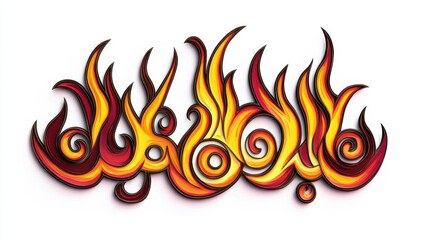 An elegant yet bold cut-out of golden yellow and crimson flames, gracefully arching and dancing, hyper-realistic with artistic flair, isolated against a stark white backdrop. Vibrant fantasy style wit