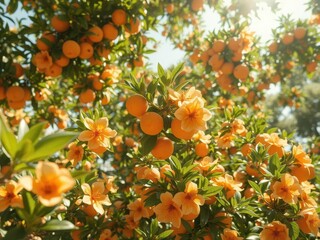 Vibrant orange blossoms fill a Valencia garden, sunlight dappling leaves, Andalusian, garden, natural light