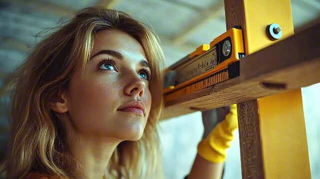 In a bright workshop, a skilled young woman focuses on aligning a wooden beam using a level tool