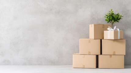 Stacked cardboard boxes with a gift and plant against a gray wall.