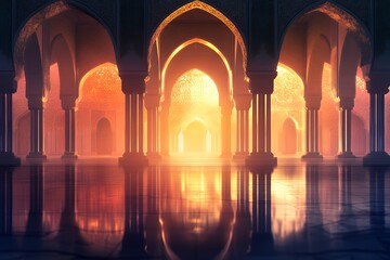 Golden Light Illuminates An Elegant Mosque Interior