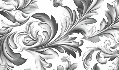 Fototapeta premium Ornate grayscale floral pattern, textured leaves, swirls.