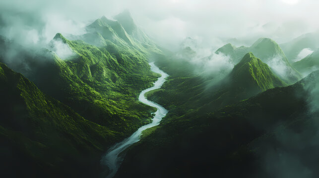 Aerial view of lush green mountains with misty clouds and winding river in a picturesque landscape. perfect for nature and travel photography. Misty. Illustration