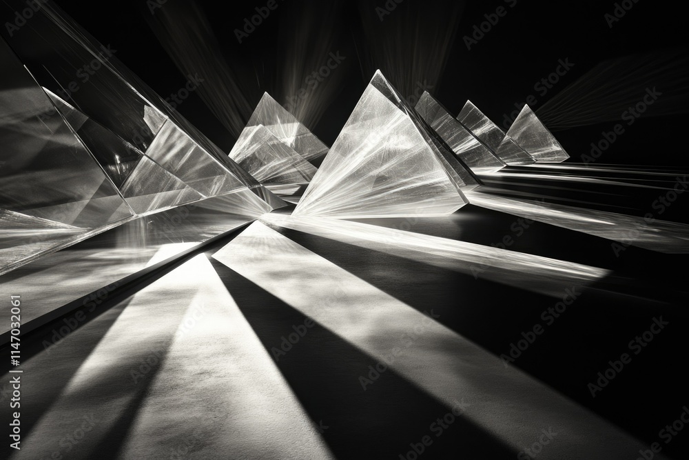 Aufkleber abstract monochrome image of glass pyramids casting dramatic shadows, creating a sense of depth and 