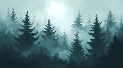 Fototapeta premium Dark green forest with tall trees and misty atmosphere, tree, green, fog. Misty. Illustration