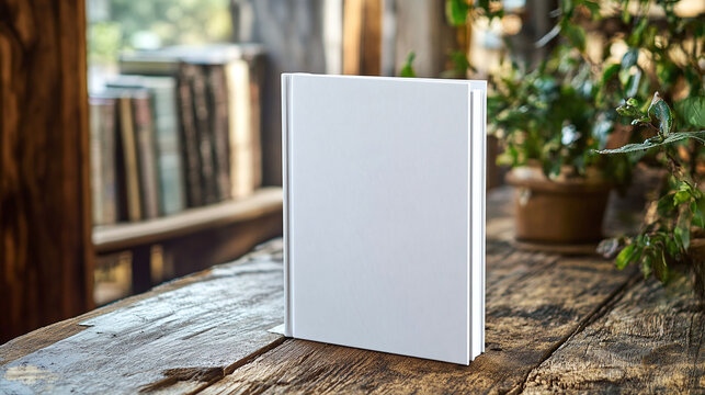 Blank white book cover mockup, closeup photography, standing on the wooden table. empty hardcover notebook template, promo material.