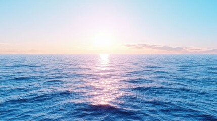 Fototapeta premium Calm blue ocean waves under a bright sunset sky with sunbeams reflecting on the water surface.