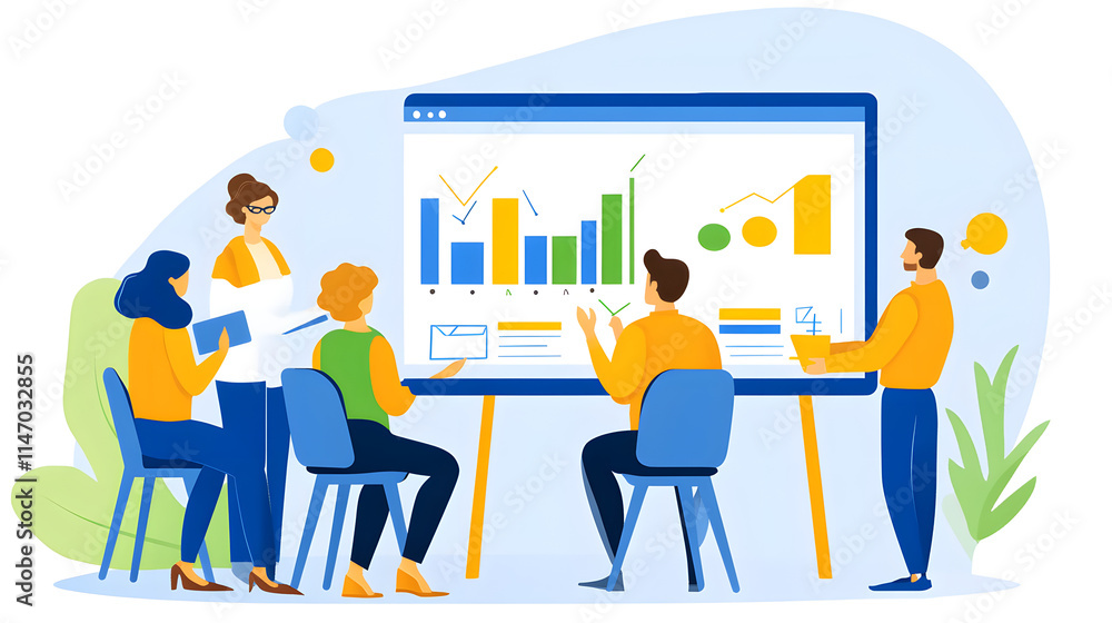 Poster a team collaborates around a whiteboard displaying charts and graphs, engaged in a productive busine