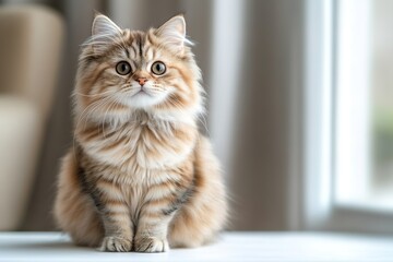 Fluffy cat sitting gracefully near window, showcasing its curiou