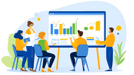 A team collaborates around a whiteboard displaying charts and graphs, engaged in a productive business meeting or presentation.