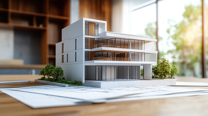 White modern building design 3d model on the wooden desk or table, papers with architectural drawings and site blueprint for construction work. home or house apartment property, residential investment