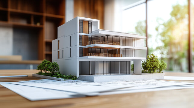 White modern building design 3d model on the wooden desk or table, papers with architectural drawings and site blueprint for construction work. home or house apartment property, residential investment