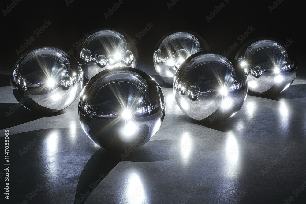 Poster six shiny chrome spheres reflect light, creating a dazzling display on a dark surface.
