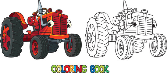 Funny small retro tractor with eyes. Coloring book