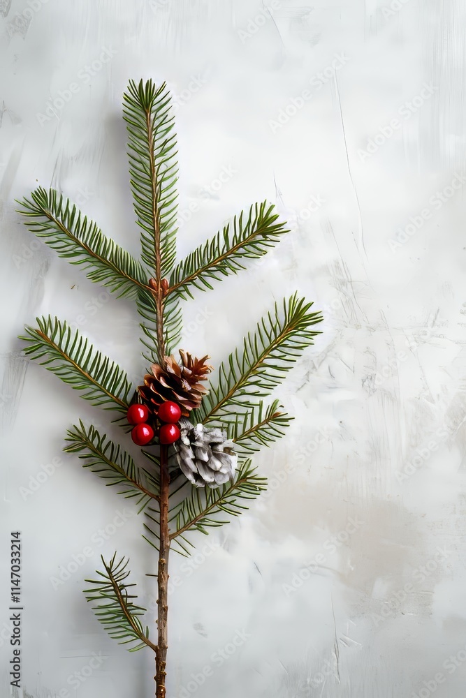 Poster a pine tree with a cone and berries on it. the cone is on the right side of the tree
