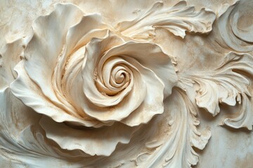 Beige, textured, floral relief, swirling design, ornate.