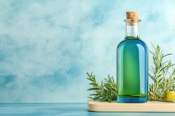 Arrangement of fresh green herbs and olive oil in a turquoise bottle on a wooden cutting board in a rustic kitchen setting