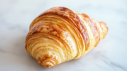 Golden-brown croissant on marble background.