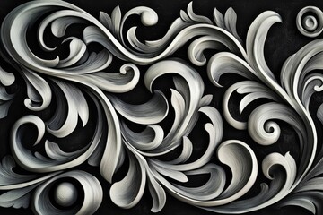 Ornate silver scrollwork on dark background.