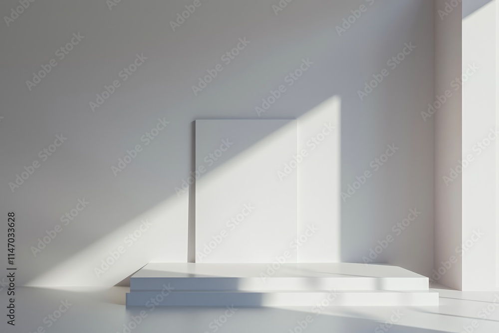 Poster a minimalist white interior featuring sunlight casting shadows on a blank canvas in a modern room wi