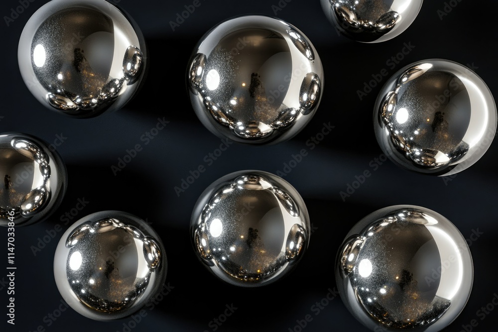 Poster close-up of multiple reflective chrome spheres arranged on a dark surface.