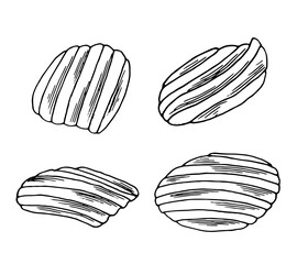 Potato chips. Vegetable pieces hand drawn. Sketch style snack. Vector isolated illustration.