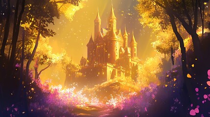 Golden Castle nestled in an autumnal forest scene