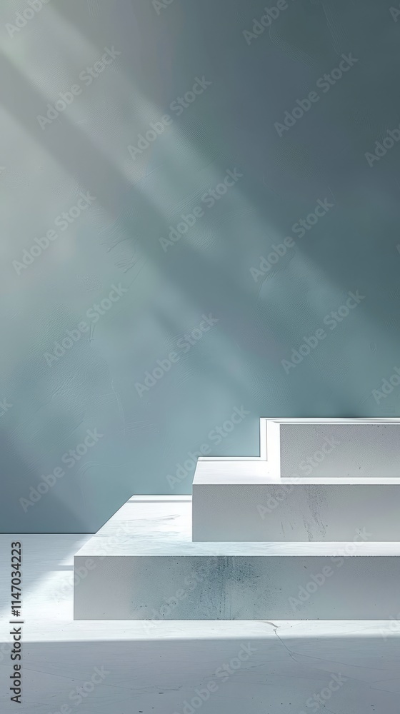 Poster a minimalist abstract image of a white staircase with soft natural light and shadows, showcasing mod