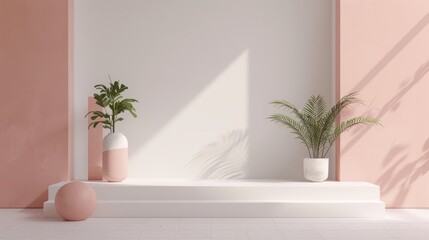 Minimalist interior design with pink and white color scheme, featuring potted plants and geometric shapes. Ideal for modern home decor inspiration.