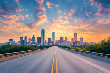 Fototapeta premium Road Leading to a Modern City Skyline at Sunset