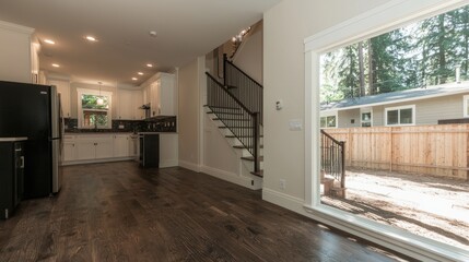 Fototapeta premium Modern home interior with open kitchen, hardwood floors, and sliding glass doors leading to a backyard.