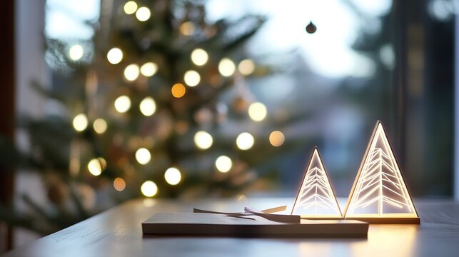 Minimalist Christmas Table Setting with Blurred Glowing Tree and Festive Decor in Background