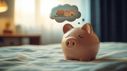 Savings Goal. A piggy bank with a thought bubble showing dreams like a house or vacation. Finance, savings, dreams