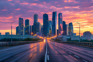 Obraz premium Road Leading to a Modern City Skyline at Sunset