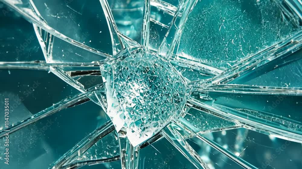 Poster complex patterns created by shattered glass displaying intricate details and reflections in a turquo