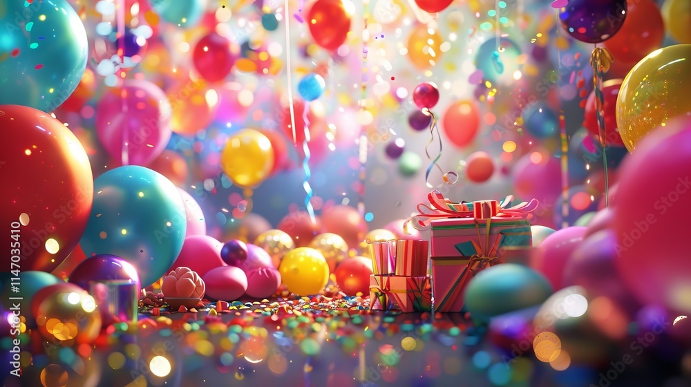 Poster a colorful room with many balloons and a red box. the balloons are of different colors and sizes, an