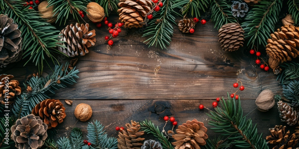 Poster a wooden frame with a bunch of pine cones and berries. the pine cones are in various sizes and are s