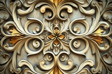 Ornate gold and beige relief, floral pattern.