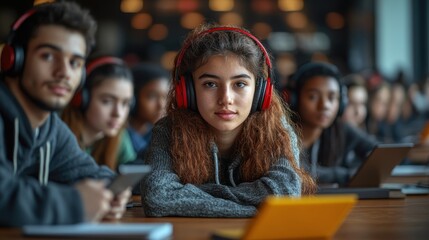 Diverse group of students in classroom engaged with technology and learning