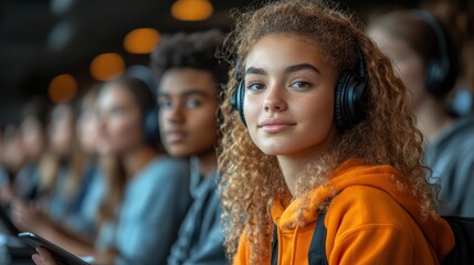 Fototapeta premium Diverse group of young people enjoying music with headphones in a casual setting