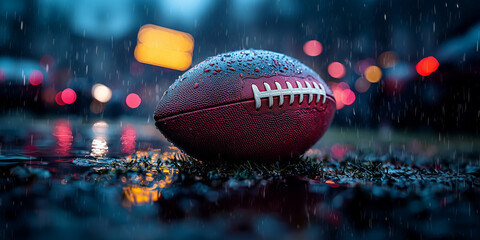 American football ball with neon ligghts on dark background