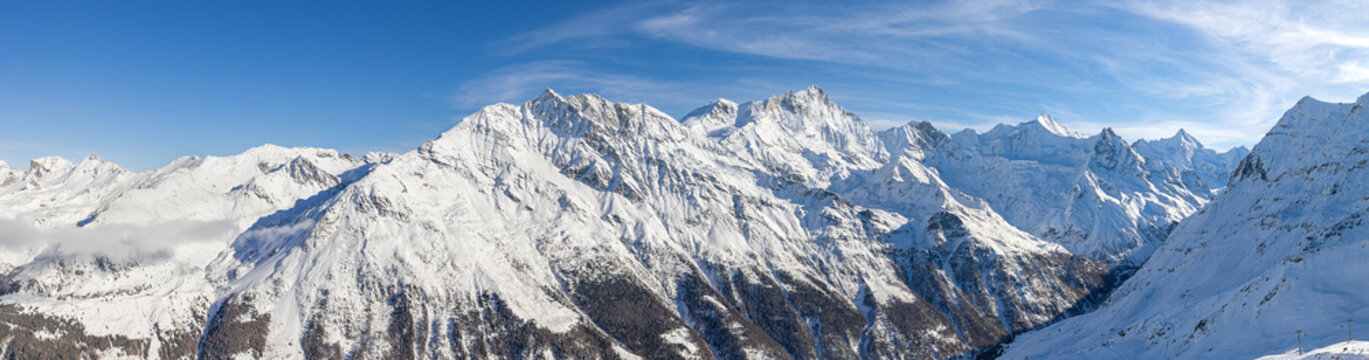 The Valais Alps peaks: Bishorn, Weisshorn,  Zinal Rothorn, Besso and Oberfgabelhorn. Viewed from Grimentz, Switzerland