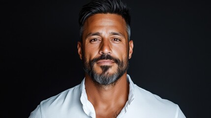 Obraz premium Confident middle-aged man with salt-and-pepper beard in white shirt against dark background