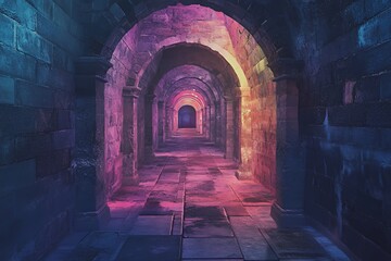 Ancient Stone Archway Corridor Illuminated With Purple And Pink Light