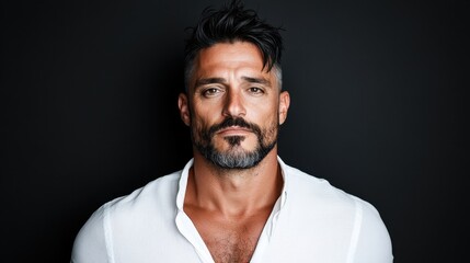 Obraz premium Confident man with beard in white shirt posing against dark background