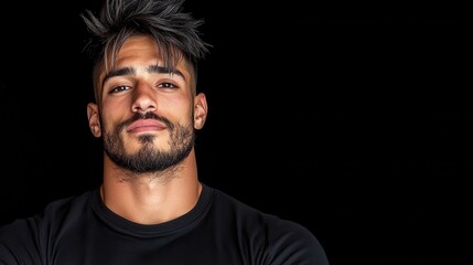 Obraz premium Confident young man with stylish hair and beard against black background