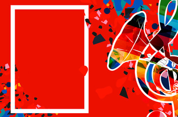 Colorful G-clef with gramophone horn isolated vector illustration design. Music background. Retro phonograph horn with music notes, music festival poster, concert events, party flyer © abstract