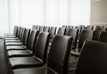 Rows of empty chairs neatly arranged in a conference room filled with natural lighting, creating a calm and professional ambiance