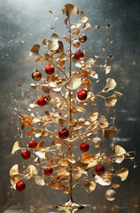 A Christmas tree made of gold leaves is decorated with red and silver beads.