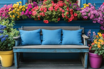Obraz premium Brightly colored flowers surround a blue bench in a vibrant outdoor setting filled with blooming plants on a